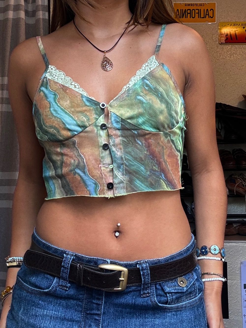 Y2K marbled mesh cropped going out top